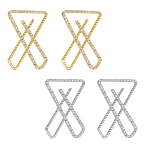 VAMA FASHIONS 4 Pcs Silver & Gold Brooch Rhinestone Cross X Design Clip On Brooch Pins Saree Dupatta Scarfs Hijab Pins Pallu Pleats Holder Sari Clip For Women & Girls - Image 1