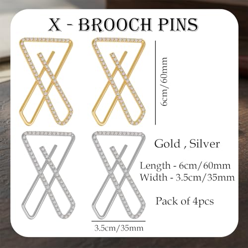 VAMA FASHIONS 4 Pcs Silver & Gold Brooch Rhinestone Cross X Design Clip On Brooch Pins Saree Dupatta Scarfs Hijab Pins Pallu Pleats Holder Sari Clip For Women & Girls - Image 3