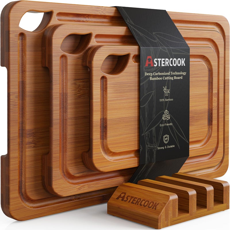 Astercook Deep-Carbonized Bamboo Cutting Boards for Kitchen with Wood Storage Stand, Reversible Charcuterie & Chopping Boards with Juice Grooves and Easy-Grip Handles, Knife-Friendly, Kitchen Gift - Image 1