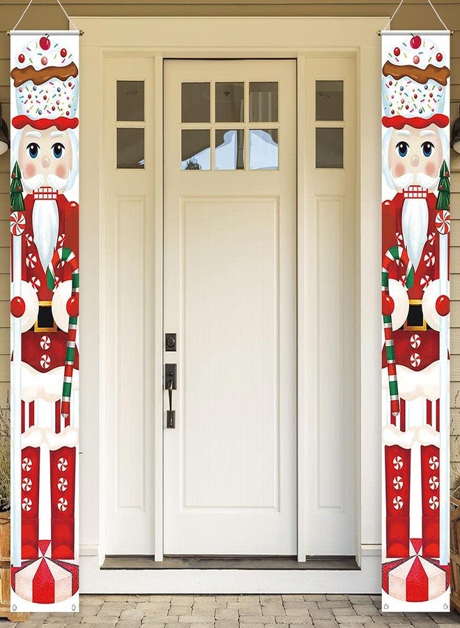 Allenjoy Red Candy Nutcracker Soldier Porch Sign Door Banner for Winter Xmas Christmas Sweet Cane Candyland Holiday New Year Party Supplies Decorations Flag Hanging Home Wall Decor Outdoor Indoor - Image 1