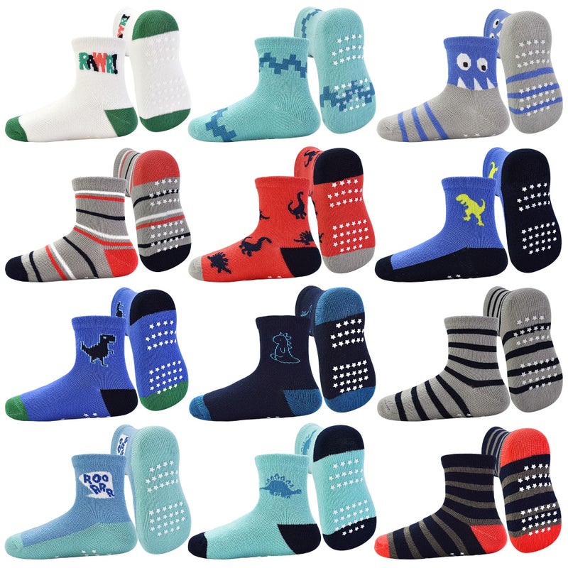Tphon Toddler Baby Non Slip Socks Infant Anti Skid Socks with Grips 12 Pairs Crew Sock for 1-3 Years Kids Boys Girls - Image 1