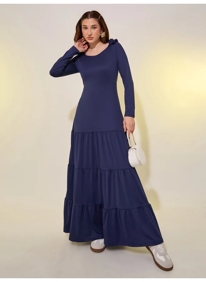 تايك تو Take Two Solid Long Sleeves Tiered Maxi Dress with Corsage Detail