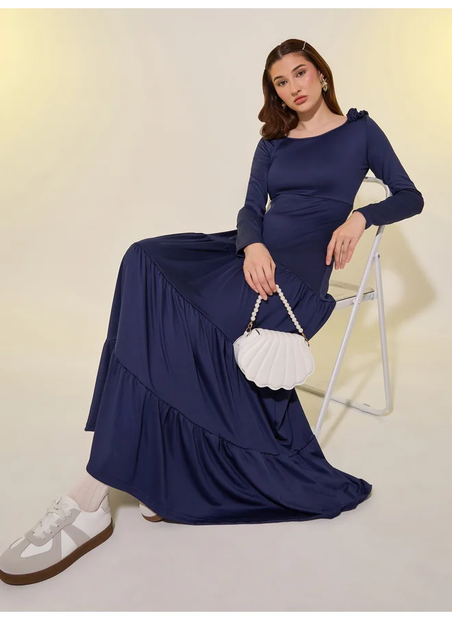 تايك تو Take Two Solid Long Sleeves Tiered Maxi Dress with Corsage Detail