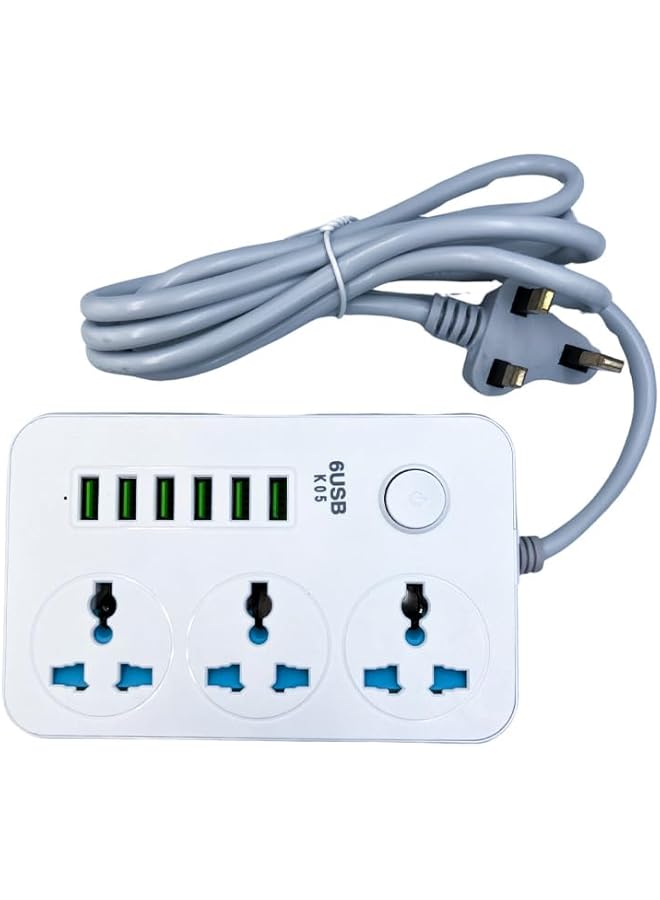PROMASS Power Socket Extension Cord with 3 Outlets & 2 Meters wire Bold Cord with 6-Port USB-White - Image 2