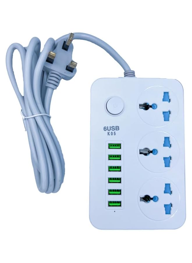 PROMASS Power Socket Extension Cord with 3 Outlets & 2 Meters wire Bold Cord with 6-Port USB-White - Image 1