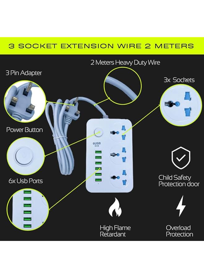 PROMASS Power Socket Extension Cord with 3 Outlets & 2 Meters wire Bold Cord with 6-Port USB-White - Image 3