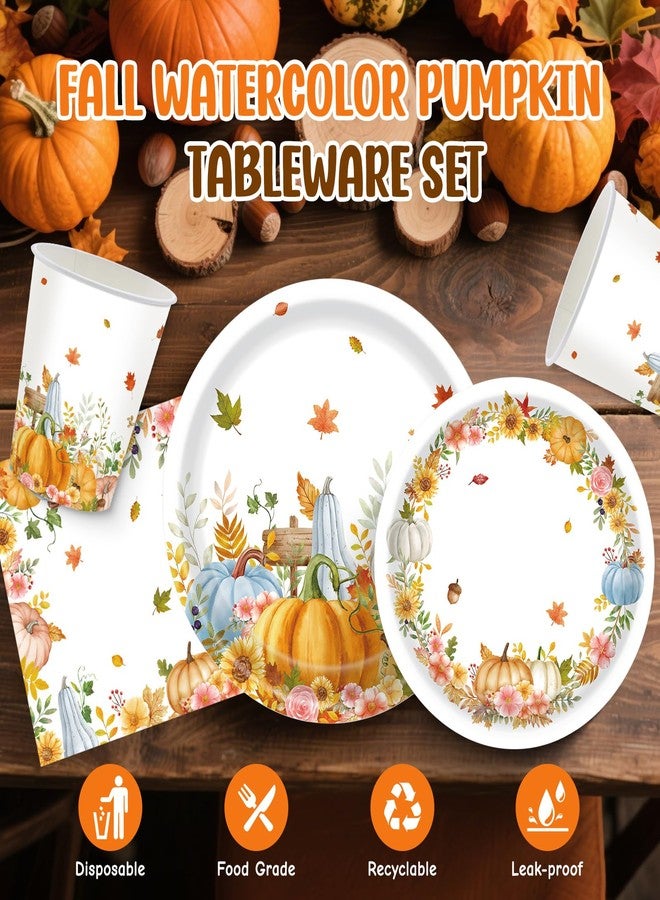 Teeloray Fall Thanksgiving Paper Plates and Napkins Party Supplies Watercolor Pumpkin Maple Wreath Thanksgiving Disposable Tableware Banner Cups Set Autumn Harvest Party Decorations for Table, Serves 24 - Image 3