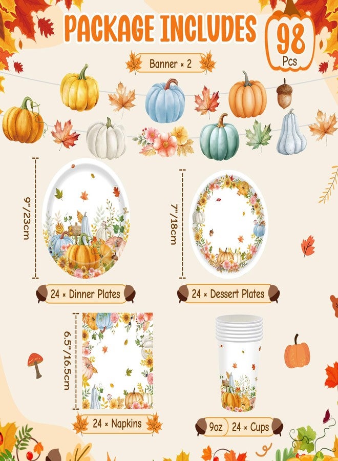 Teeloray Fall Thanksgiving Paper Plates and Napkins Party Supplies Watercolor Pumpkin Maple Wreath Thanksgiving Disposable Tableware Banner Cups Set Autumn Harvest Party Decorations for Table, Serves 24 - Image 2