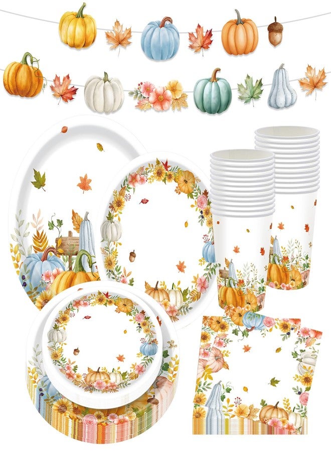 Teeloray Fall Thanksgiving Paper Plates and Napkins Party Supplies Watercolor Pumpkin Maple Wreath Thanksgiving Disposable Tableware Banner Cups Set Autumn Harvest Party Decorations for Table, Serves 24 - Image 1