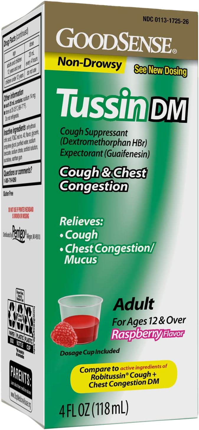GoodSense Tussin Cough Syrup DM Cough and Chest Congestion Relief Raspberry Flavor 4 Fl Oz - Image 1