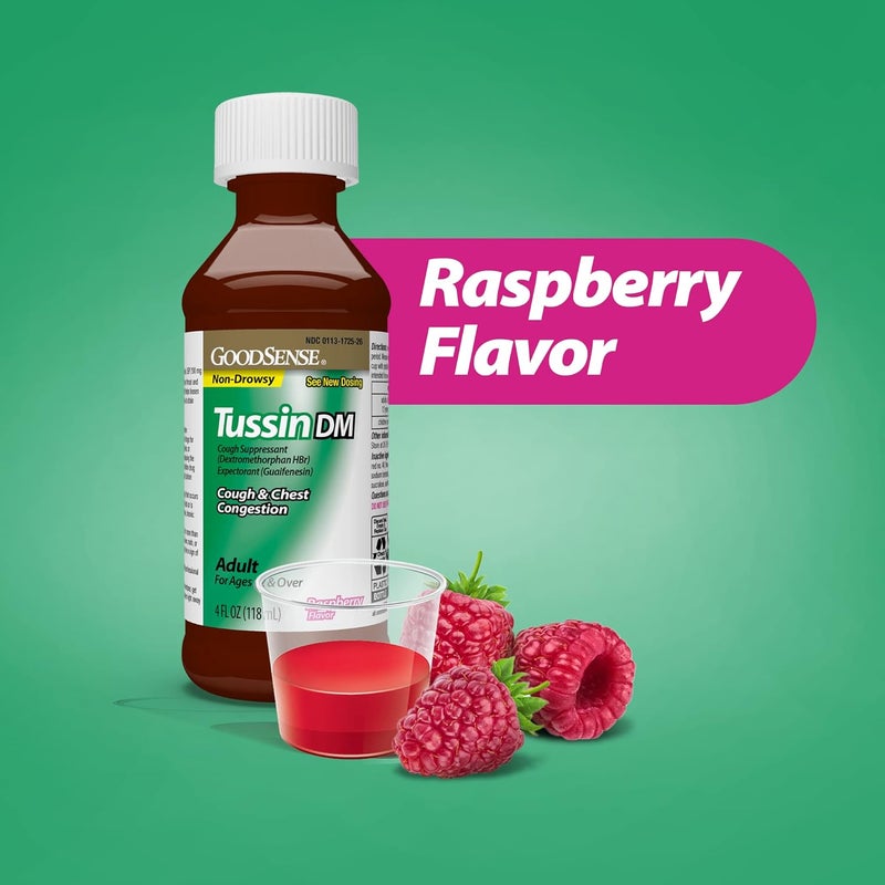 GoodSense Tussin Cough Syrup DM Cough and Chest Congestion Relief Raspberry Flavor 4 Fl Oz - Image 2
