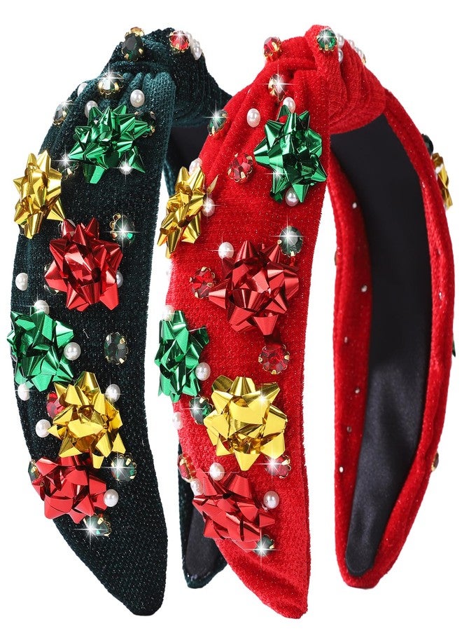 winthrop 2 Pack Christmas Headband for Women Pearl Rhinestone Jeweled Xmas Flower Embellished Ladies Wide Top Knot Red Green Makeup Velvet Hair Hoop Accessory Holiday Party Costume Decor Present - Image 1