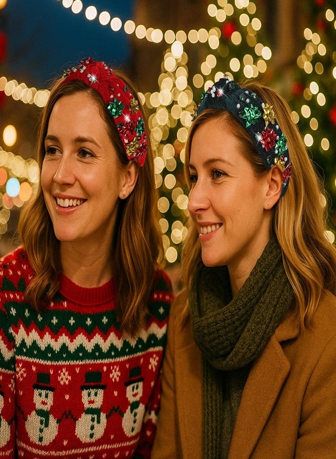 winthrop 2 Pack Christmas Headband for Women Pearl Rhinestone Jeweled Xmas Flower Embellished Ladies Wide Top Knot Red Green Makeup Velvet Hair Hoop Accessory Holiday Party Costume Decor Present - Image 4