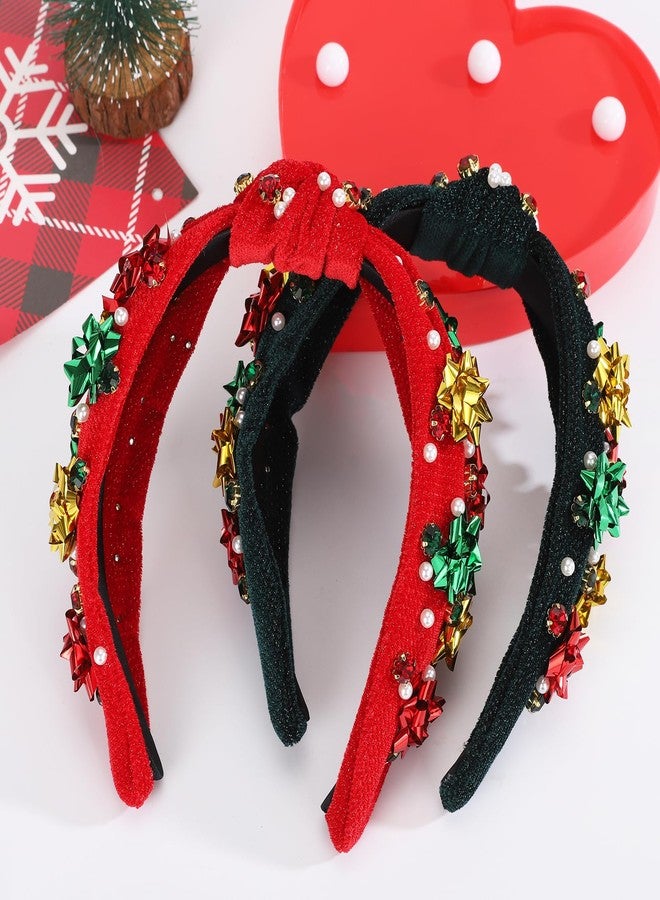 winthrop 2 Pack Christmas Headband for Women Pearl Rhinestone Jeweled Xmas Flower Embellished Ladies Wide Top Knot Red Green Makeup Velvet Hair Hoop Accessory Holiday Party Costume Decor Present - Image 5