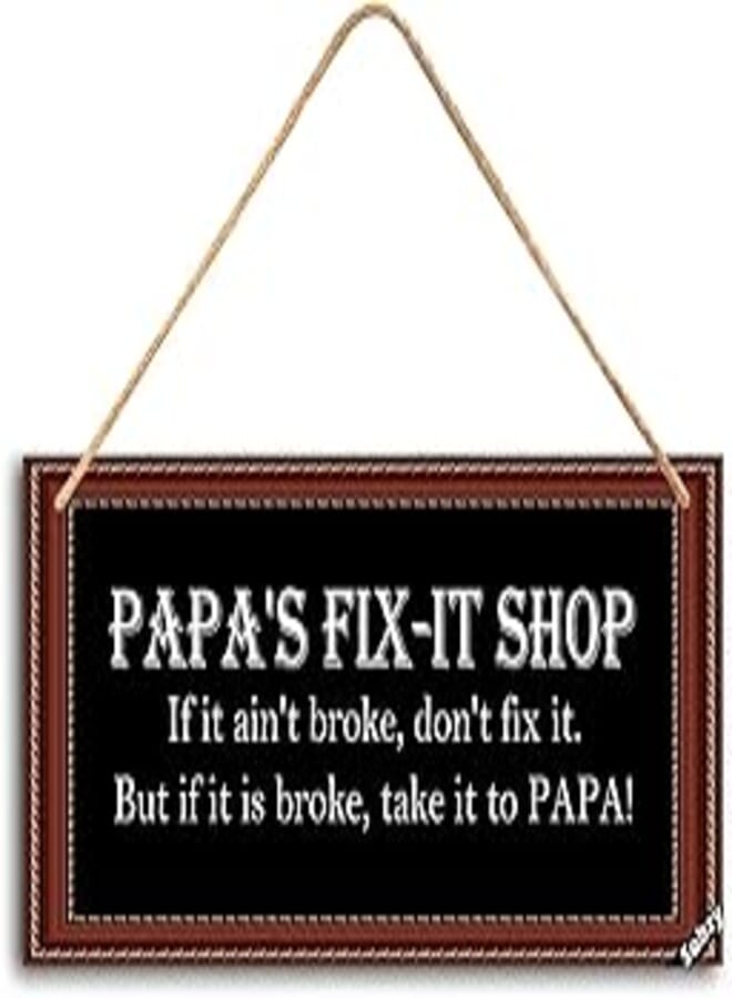 Papa's FIX-IT Shop Hanging Vintage Sign,Man Cave Signs Garage Home Door Wall Decor Wood Sign,Fun Universal Household Family Signs for Papa Grandpa Father's Day