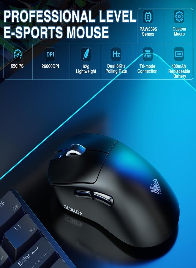 AULA SC900 Pro Wireless Gaming Mouse, 26000 DPI, 650IPS, PAW3395 Sensor, 62g Lightweight Mouse, Tri-Mode 2.4Ghz/Type-C/BT5.0, Dual 8KHz Polling Rate with Rechargeable Mouse for PC/Mac/Linux(Black) - Image 2