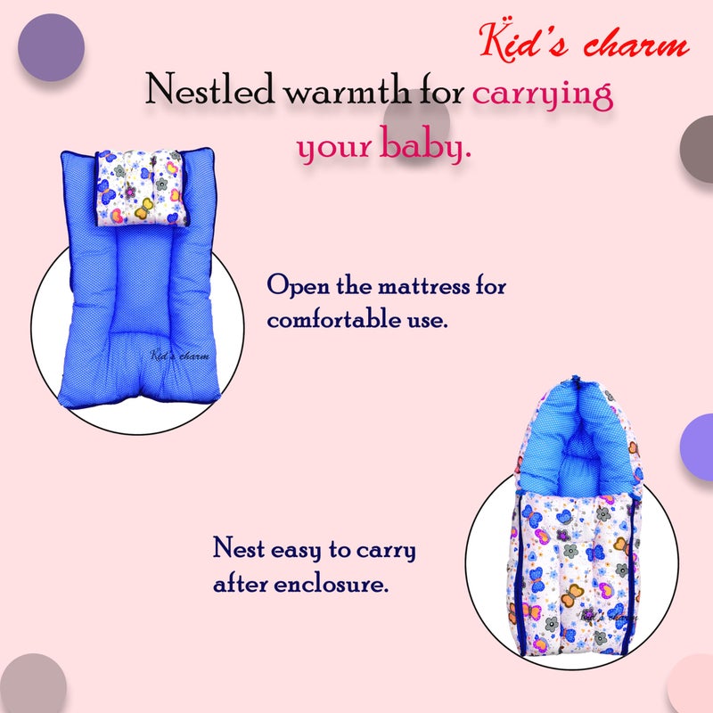 Kid's Charm حقيبة نوم الأطفال المصنوعة من القطن مع تصميم فراشة صغيرة 3 في 1 - سرير محمول للأطفال - حقيبة نوم مطبوعة للأطفال - سرير للأطفال - محمولة للرضع للجنسين سهلة الحمل، خفيفة الوزن للمواليد 0-4 أشهر (أزرق) - Image 3