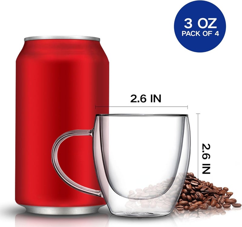 YMMIND Set of 4 Double Walled Glass Coffee Mugs 3 Ounces Insulated Layer Coffee Cups with Handle Borosilicate Glass Espresso Cup for Hot Beverage,Cappuccino,Tea,Latte,Wine,Microwave Safe - Image 4