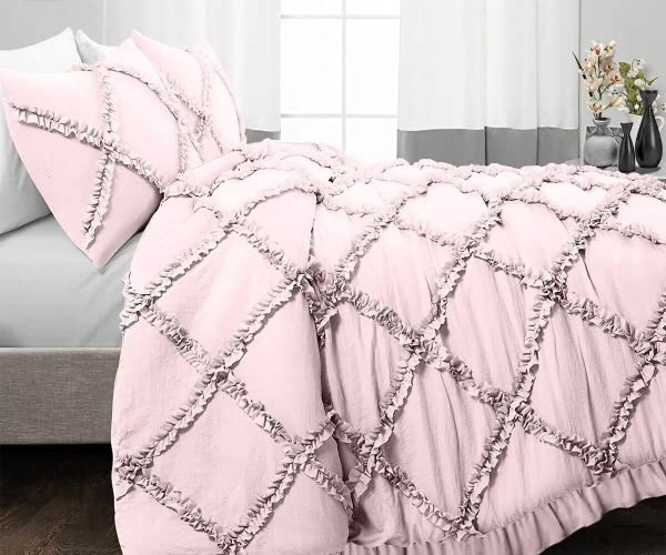 EASY BEDDING 300 Thread Count Luxurious Diamond Ruffle DuvetQuiltBlanket Cover Set Zipper Closure Diamond Duvet Cover with 2 Pillow Cover 100 Cotton Ruffle Design Double Size Pink Solid - Image 2