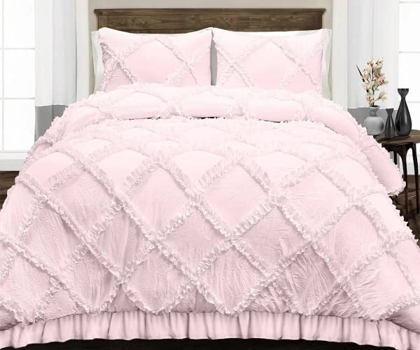 EASY BEDDING 300 Thread Count Luxurious Diamond Ruffle DuvetQuiltBlanket Cover Set Zipper Closure Diamond Duvet Cover with 2 Pillow Cover 100 Cotton Ruffle Design Double Size Pink Solid - Image 1
