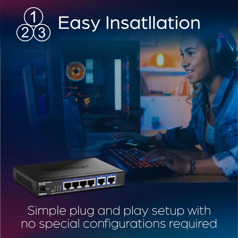 TRENDnet 6-Port 10G Switch, 4 x 2.5G RJ-45 Base-T Ports, 2 x 10G RJ-45 Ports, 60Gbps Switching Capacity, Wall Mountable, 10 Gigabit Network Connections, Lifetime Protection, Black, TEG-S762 - Image 4