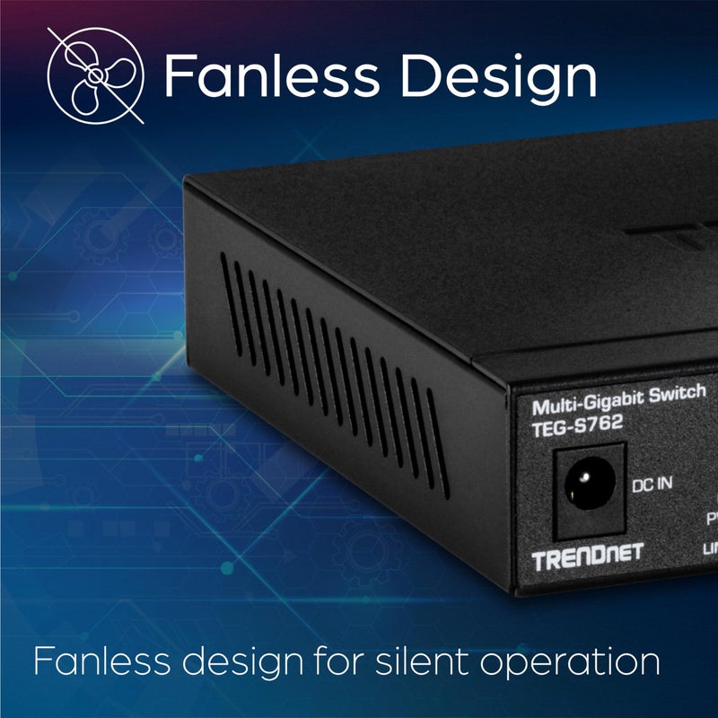 TRENDnet 6-Port 10G Switch, 4 x 2.5G RJ-45 Base-T Ports, 2 x 10G RJ-45 Ports, 60Gbps Switching Capacity, Wall Mountable, 10 Gigabit Network Connections, Lifetime Protection, Black, TEG-S762 - Image 2