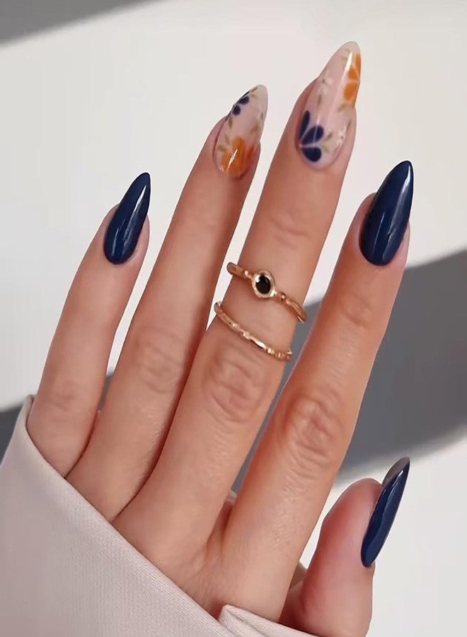 OFDNE Flower Press on Nails Medium Almond OFDNE Dark Blue Fake Nails False Nails with Designs Cute Floral Full Cover Glossy Glue on Nails Spring Summer Acrylic Nails for Women Girls 24 Pcs - Image 1