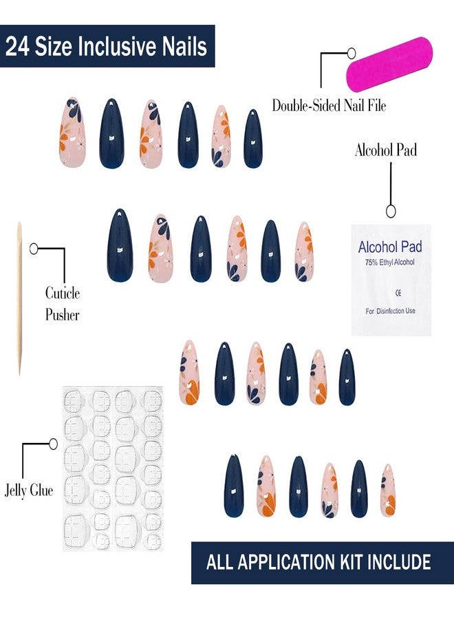 OFDNE Flower Press on Nails Medium Almond OFDNE Dark Blue Fake Nails False Nails with Designs Cute Floral Full Cover Glossy Glue on Nails Spring Summer Acrylic Nails for Women Girls 24 Pcs - Image 3