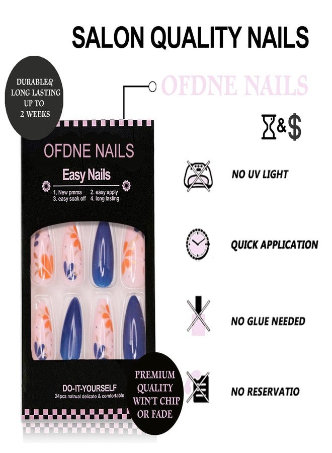 OFDNE Flower Press on Nails Medium Almond OFDNE Dark Blue Fake Nails False Nails with Designs Cute Floral Full Cover Glossy Glue on Nails Spring Summer Acrylic Nails for Women Girls 24 Pcs - Image 2