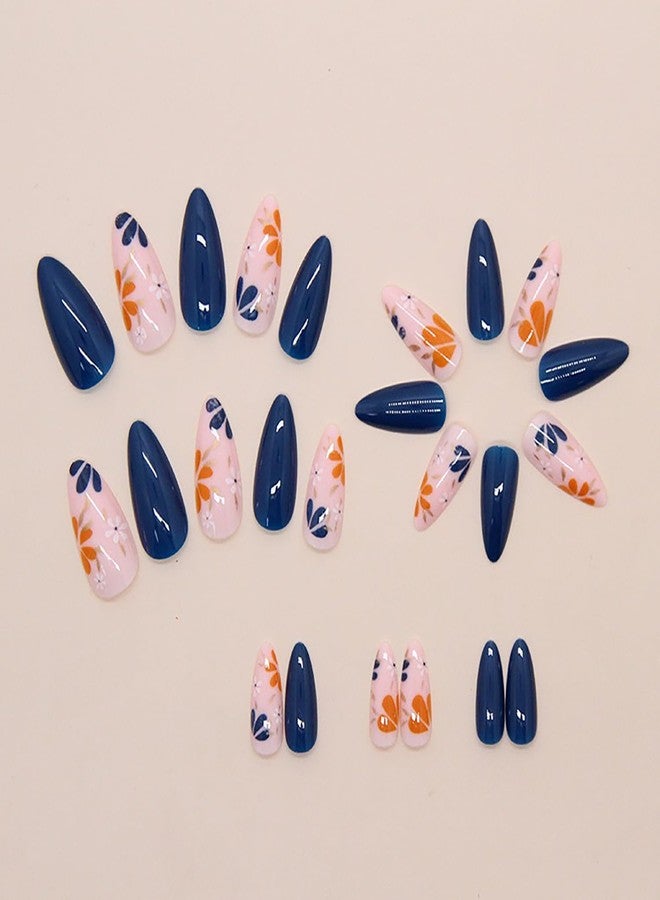 OFDNE Flower Press on Nails Medium Almond OFDNE Dark Blue Fake Nails False Nails with Designs Cute Floral Full Cover Glossy Glue on Nails Spring Summer Acrylic Nails for Women Girls 24 Pcs - Image 4