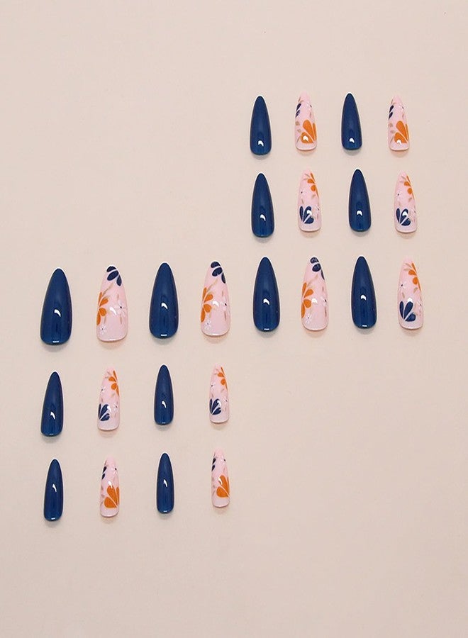 OFDNE Flower Press on Nails Medium Almond OFDNE Dark Blue Fake Nails False Nails with Designs Cute Floral Full Cover Glossy Glue on Nails Spring Summer Acrylic Nails for Women Girls 24 Pcs - Image 5