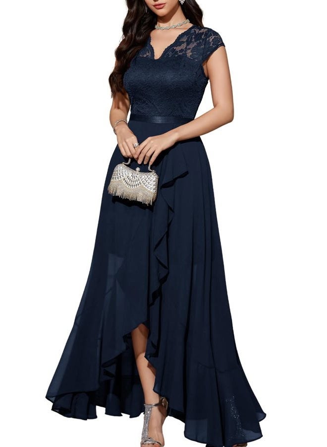 Bbonlinedress Women's V-Neck Dress for Women Wedding Guest Hi-Lo Floral Lace Prom Cocktail Party Formal Bridesmaid Dress, Navy Blue, 3XL - Image 1
