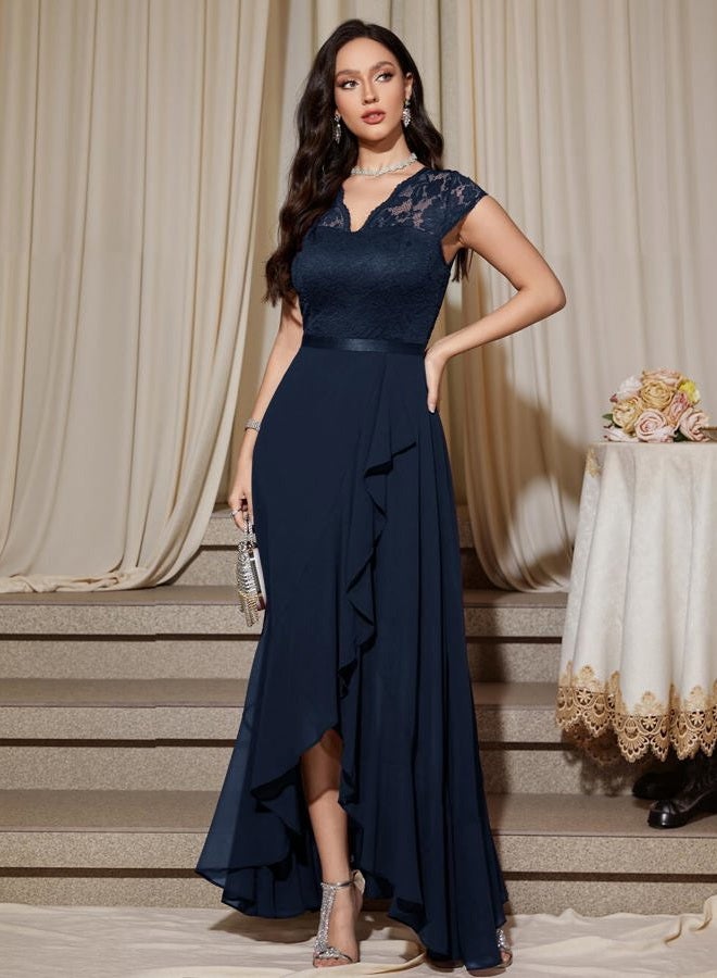 Bbonlinedress Women's V-Neck Dress for Women Wedding Guest Hi-Lo Floral Lace Prom Cocktail Party Formal Bridesmaid Dress, Navy Blue, 3XL - Image 4
