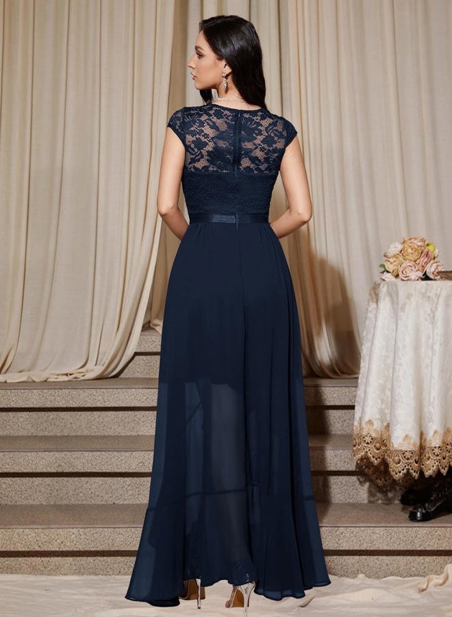 Bbonlinedress Women's V-Neck Dress for Women Wedding Guest Hi-Lo Floral Lace Prom Cocktail Party Formal Bridesmaid Dress, Navy Blue, 3XL - Image 3
