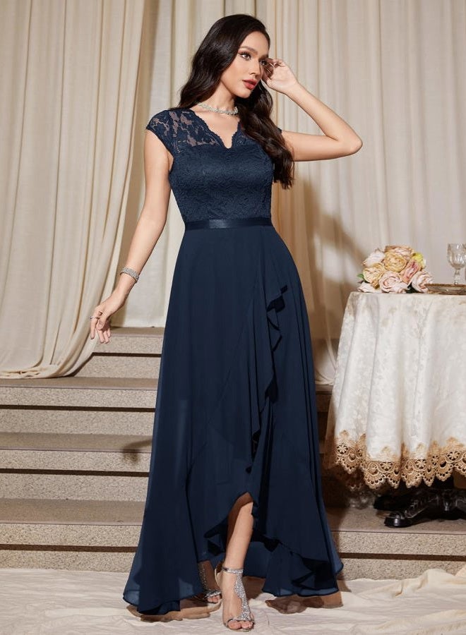 Bbonlinedress Women's V-Neck Dress for Women Wedding Guest Hi-Lo Floral Lace Prom Cocktail Party Formal Bridesmaid Dress, Navy Blue, 3XL - Image 2