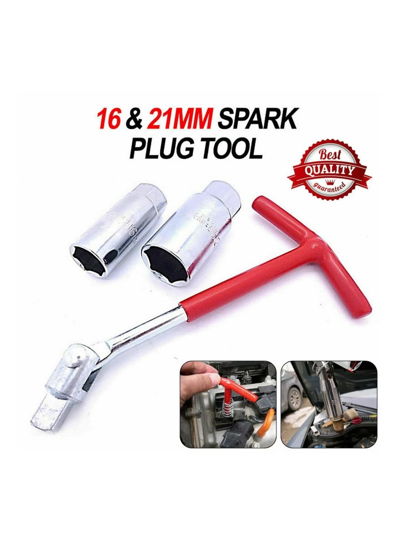 Spark Plug Sleeve Wrench Set, Red T-Handle Stainless Steel Silicone Car Motorcycle Wrench Tool Dual-use 16 21mm Universal for Fastening and Demolition - Image 3