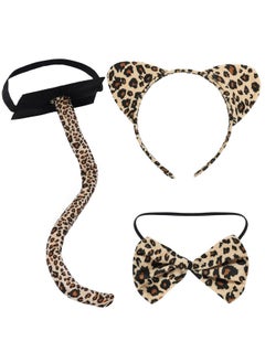 obmwang obmwang 3 Pieces Leopard Cat Costume Set Cat Ears Headband Bowtie and Tail Set Fancy Animal Cosplay for Halloween Dress Up Party  - Image 1