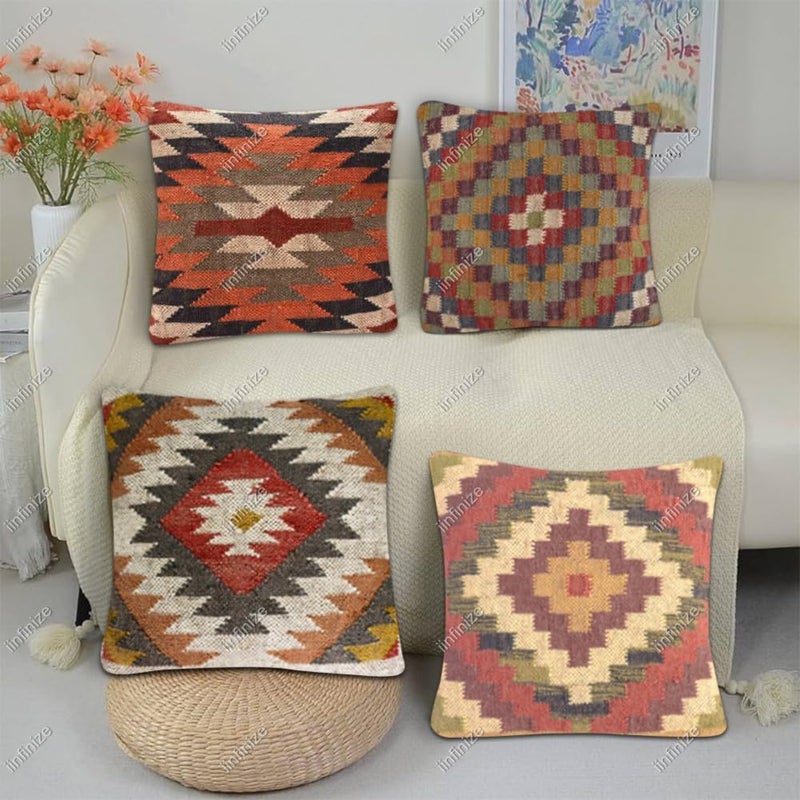 iinfinize Sofa Cushion Cover Set 4 Pcs Combo Cushion Wool Jute Kilim Pillow 18x18 Inch Square Cushion Throw Pillow for Living Room Decorative Designer Cushion Case Pattern09 - Image 1