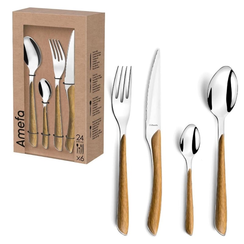 Amefa Eclat Nature Wood Pattern Handle 180 Flatware Set  Brown 24Piece Place Setting  Service for 6  Fork Knife Spoons 2  Wood Cutlery  Silverware Set