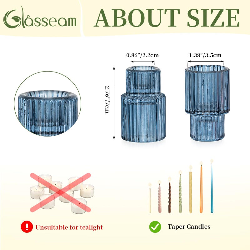 Glasseam Candle Sticks Holder Decor: 2 Pcs Ribbed Glass Blue Candlesticks Holders Modern Fluted Taper Candle Holders for Table Centerpiece Wedding Decorations Dinner Party Home Decor - Image 5