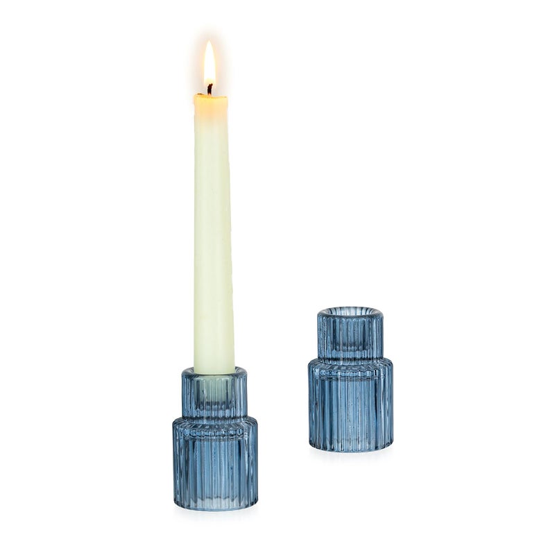 Glasseam Candle Sticks Holder Decor: 2 Pcs Ribbed Glass Blue Candlesticks Holders Modern Fluted Taper Candle Holders for Table Centerpiece Wedding Decorations Dinner Party Home Decor - Image 1