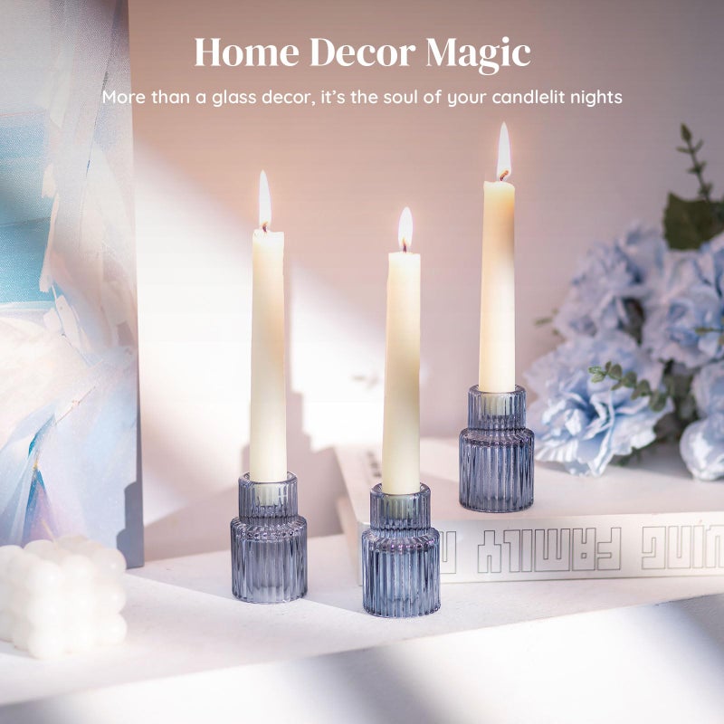 Glasseam Candle Sticks Holder Decor: 2 Pcs Ribbed Glass Blue Candlesticks Holders Modern Fluted Taper Candle Holders for Table Centerpiece Wedding Decorations Dinner Party Home Decor - Image 2
