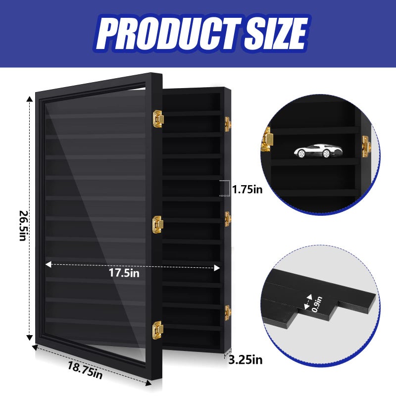 Tatuo Model Car Display Case 1/64 Scale Model Car Display Case Cabinet Rack 26.5" x 18.75" x 3.25" Large Diecast Wall Mounted for Toy Collection Decor(Black,with Door) - Image 2
