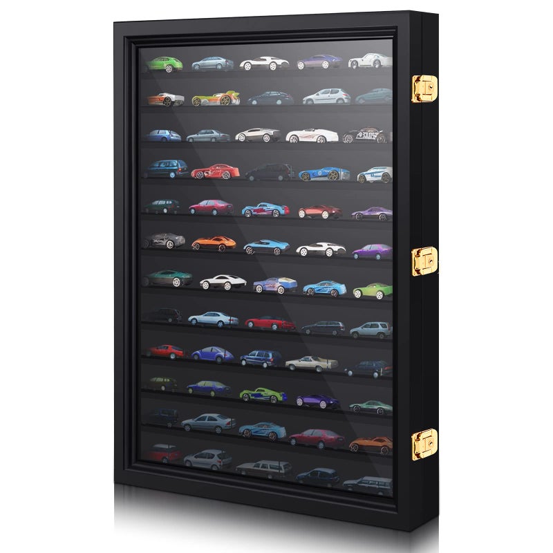 Tatuo Model Car Display Case 1/64 Scale Model Car Display Case Cabinet Rack 26.5" x 18.75" x 3.25" Large Diecast Wall Mounted for Toy Collection Decor(Black,with Door) - Image 1