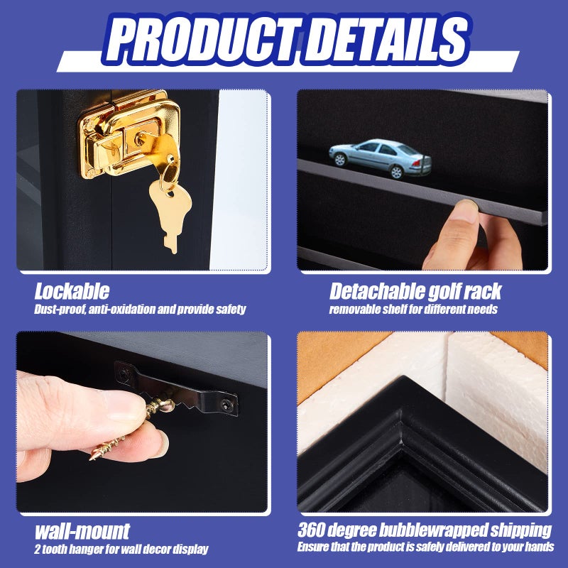 Tatuo Model Car Display Case 1/64 Scale Model Car Display Case Cabinet Rack 26.5" x 18.75" x 3.25" Large Diecast Wall Mounted for Toy Collection Decor(Black,with Door) - Image 3