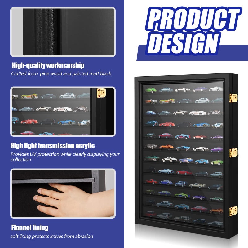 Tatuo Model Car Display Case 1/64 Scale Model Car Display Case Cabinet Rack 26.5" x 18.75" x 3.25" Large Diecast Wall Mounted for Toy Collection Decor(Black,with Door) - Image 4