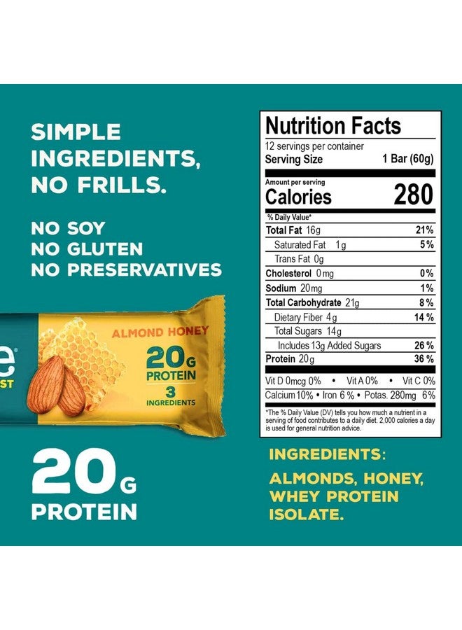RISE ألواح بروتين مصل اللبن باللوز والعسل بار إفطار صحي ووجبات خفيفة بروتين 20 جرام بروتين 4 جرام ألياف فقط 3 مكونات غذائية كاملة وجبات خفيفة صحية غير معدلة وراثيًا خالية من الجلوتين خالية من الصويا 12 عبوة - Image 3