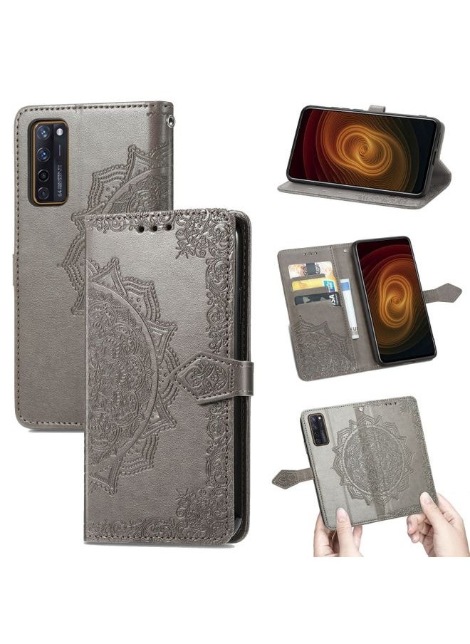 HuHa Case Cover For ZTE Axon 20 5G Mandala Flower Embossed Horizontal Flip Leather Case with Holder & Three Card Slots & Wallet & Lanyard(Grey) 