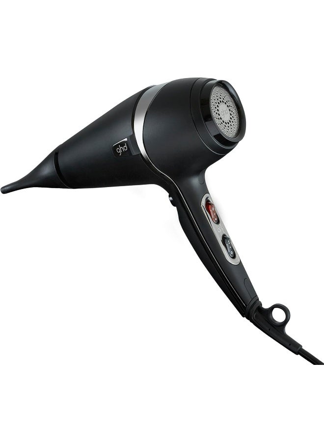 مجفف شعر جي إتش دي إير - مجفف شعر احترافي بقوة 1600 واط، محرك بقوة صالون التجميل، فوهة تركيز، إعداد درجة حرارة قابل للتعديل، وتقنية أيونية لتجفيف فائق السرعة - أسود - Image 1