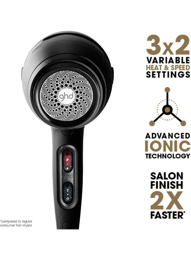 مجفف شعر جي إتش دي إير - مجفف شعر احترافي بقوة 1600 واط، محرك بقوة صالون التجميل، فوهة تركيز، إعداد درجة حرارة قابل للتعديل، وتقنية أيونية لتجفيف فائق السرعة - أسود - Image 2